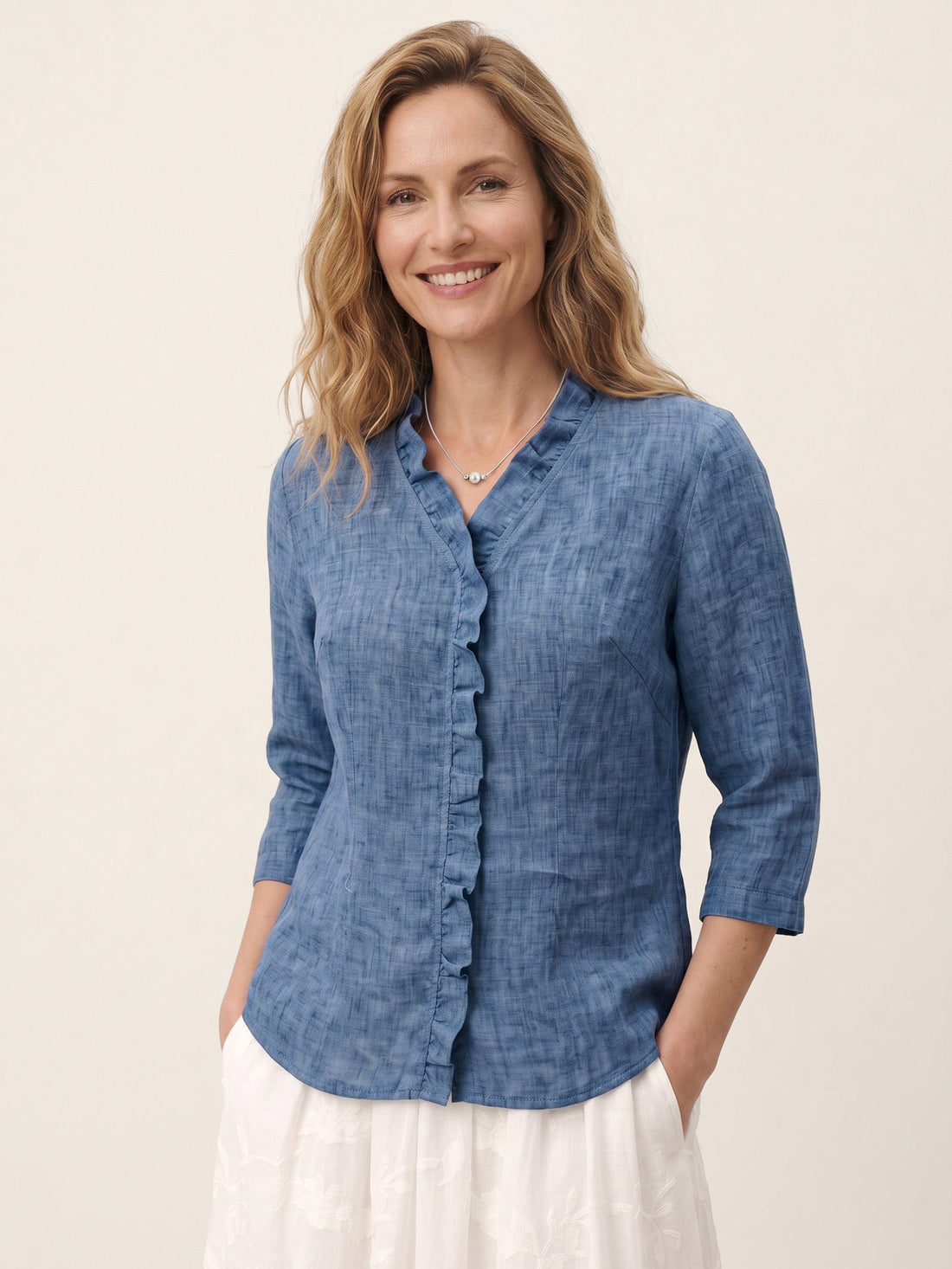 100% Linen V-Neck Three-Quarter Sleeve Shirt