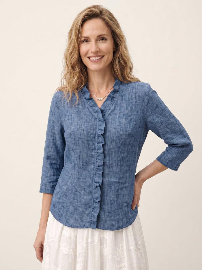 100% Linen V-Neck Three-Quarter Sleeve Shirt