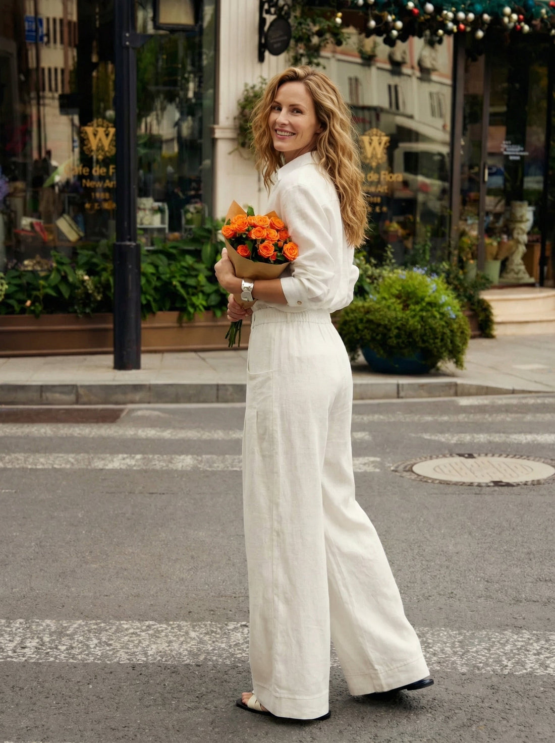 Linen Wide-Leg Pants with Welt Pockets