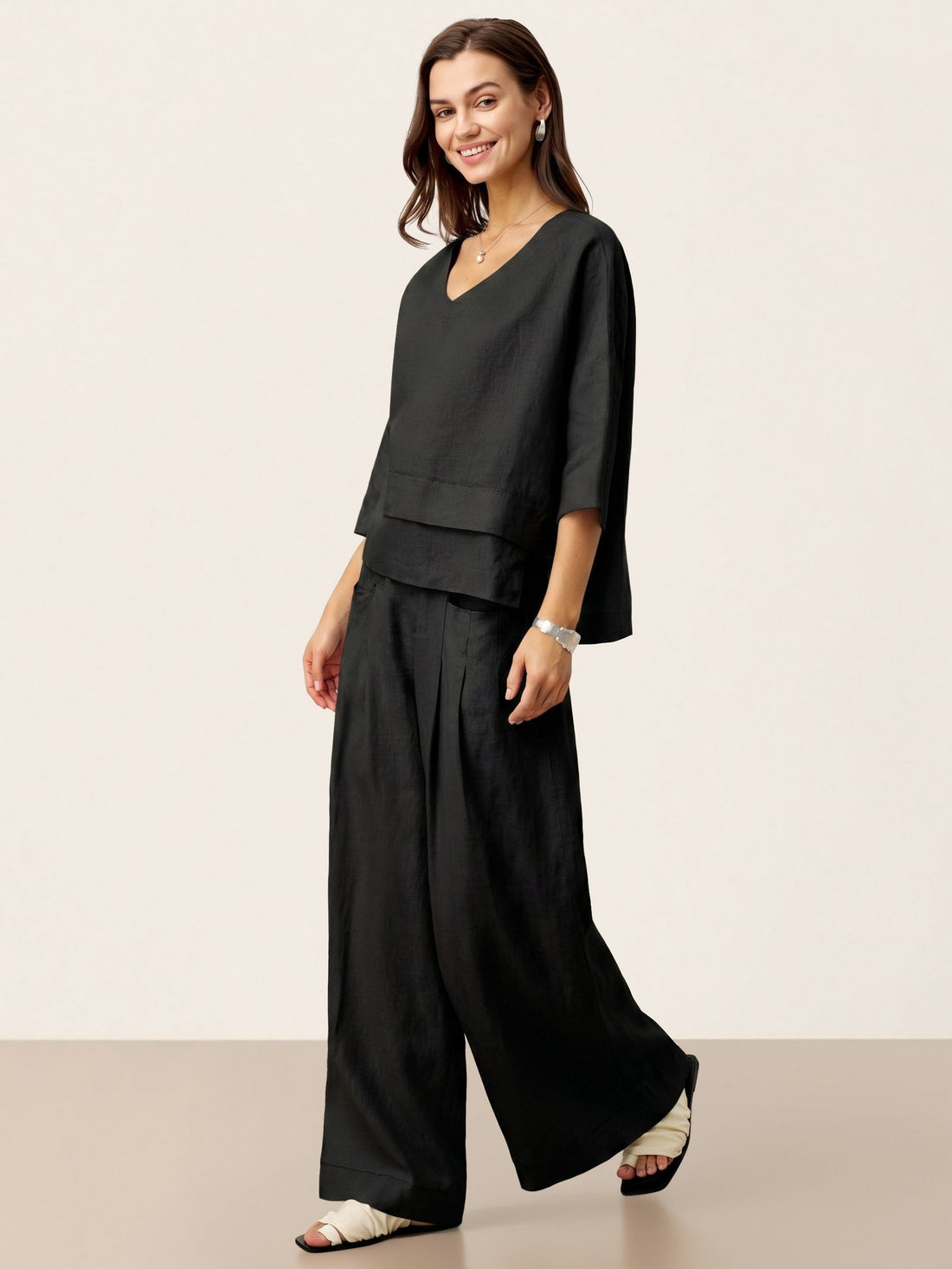 Linen Wide-Leg Pants with Welt Pockets