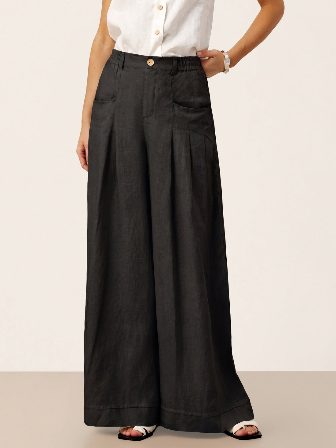 Linen Wide-Leg Pants with Welt Pockets