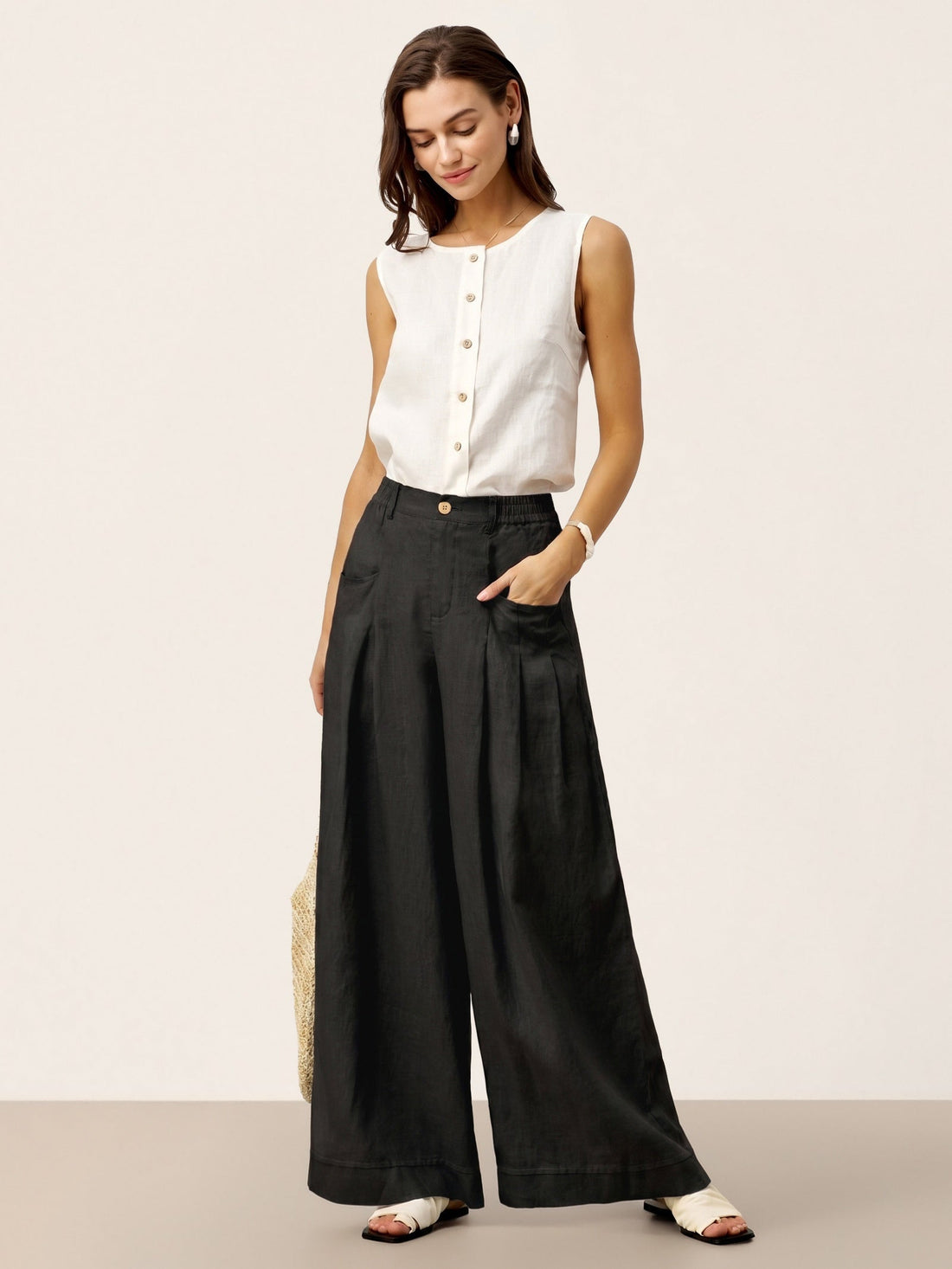 Linen Wide-Leg Pants with Welt Pockets