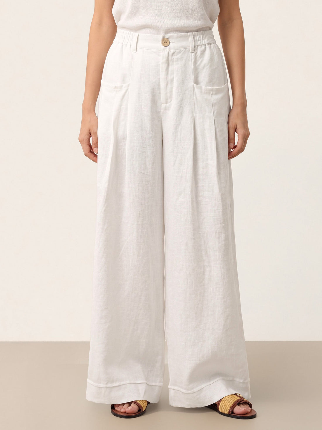 Linen Wide-Leg Pants with Welt Pockets