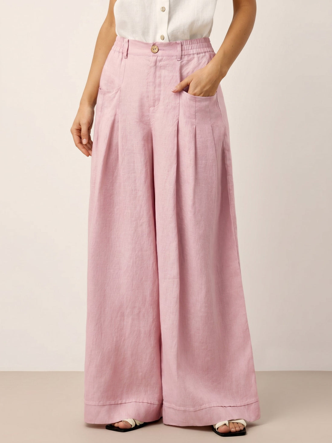 Linen Wide-Leg Pants with Welt Pockets
