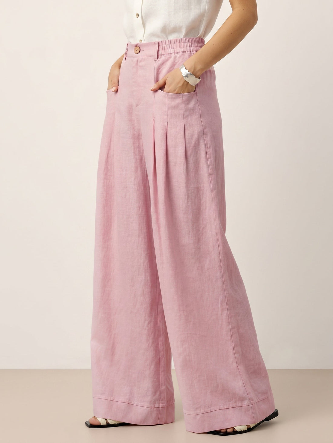 Linen Wide-Leg Pants with Welt Pockets