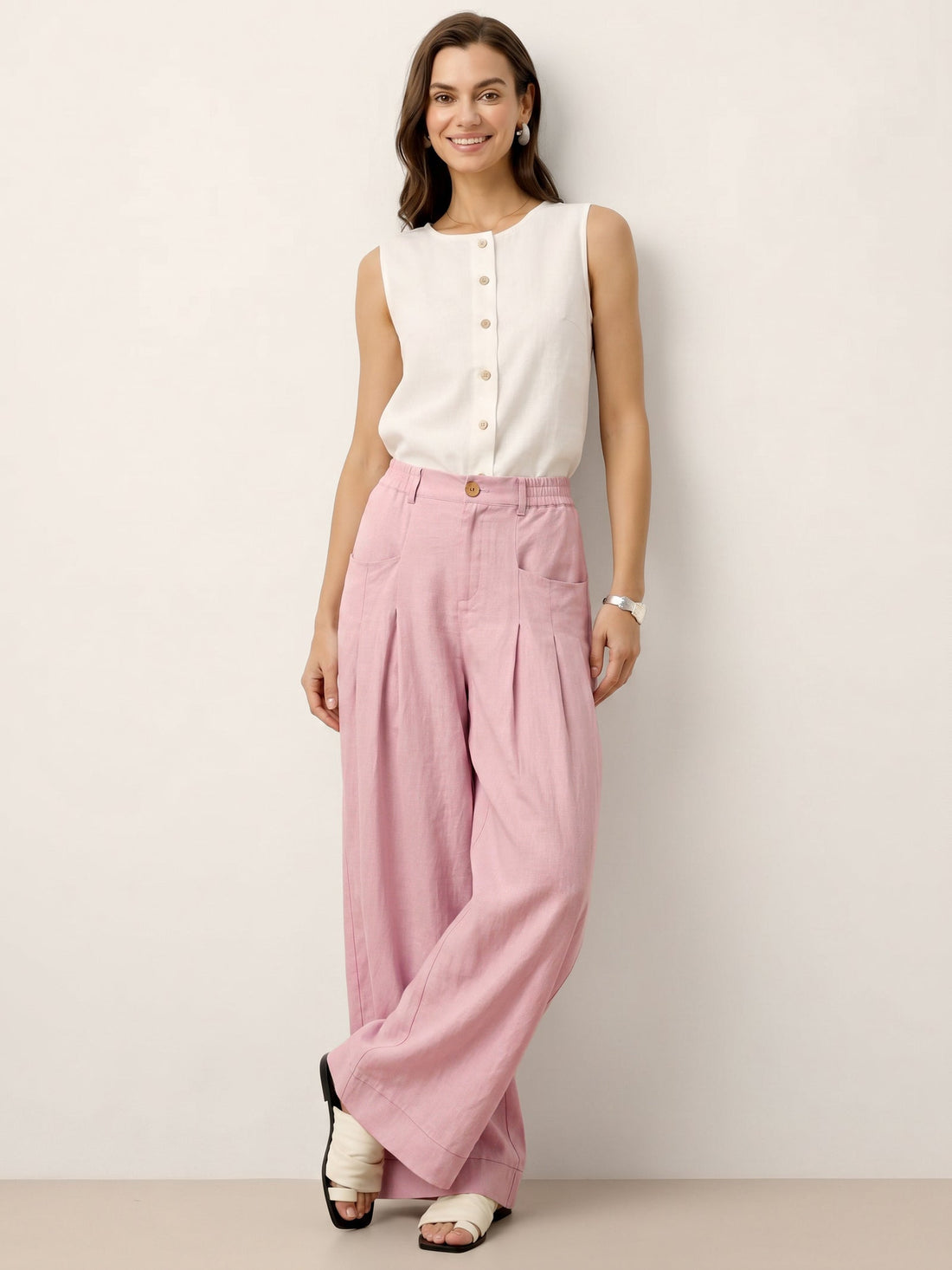 Linen Wide-Leg Pants with Welt Pockets