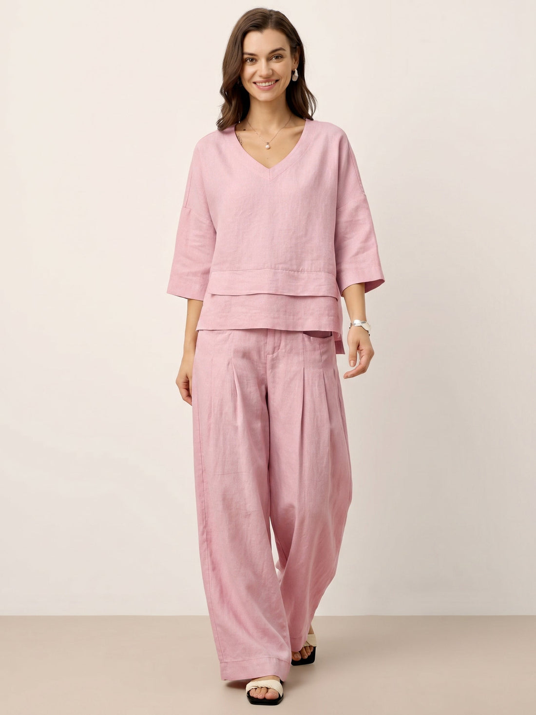 Linen Wide-Leg Pants with Welt Pockets