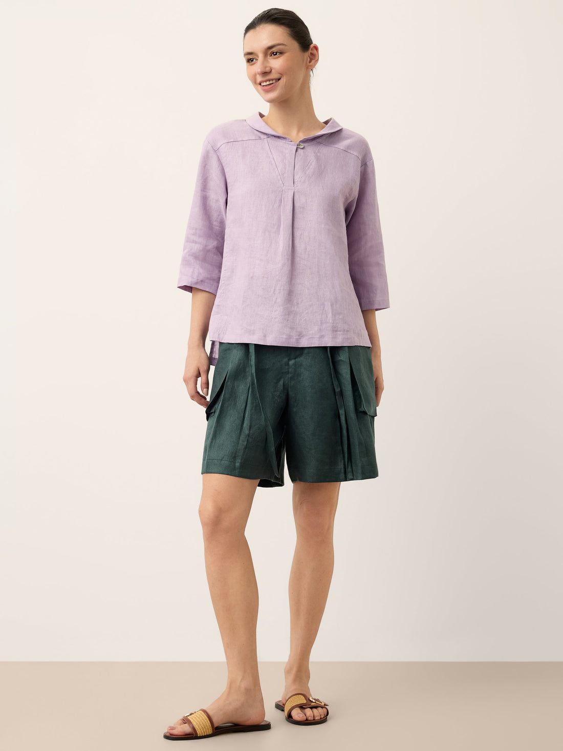 100% Linen V-Neck Three-Quarter Sleeve Blouse