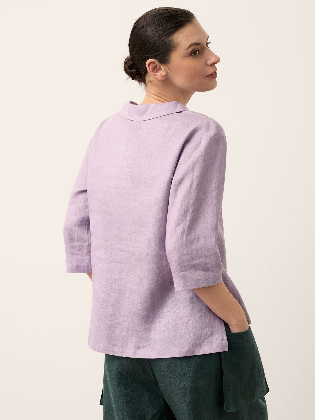 100% Linen V-Neck Three-Quarter Sleeve Blouse