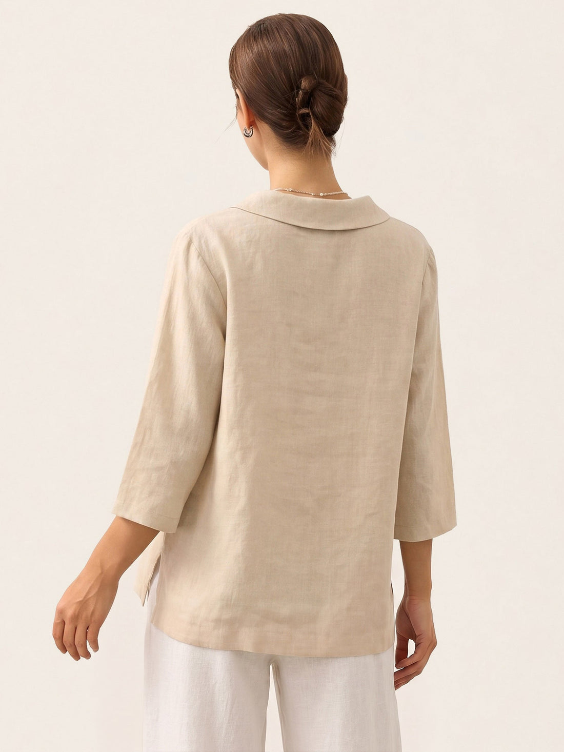 100% Linen V-Neck Three-Quarter Sleeve Blouse
