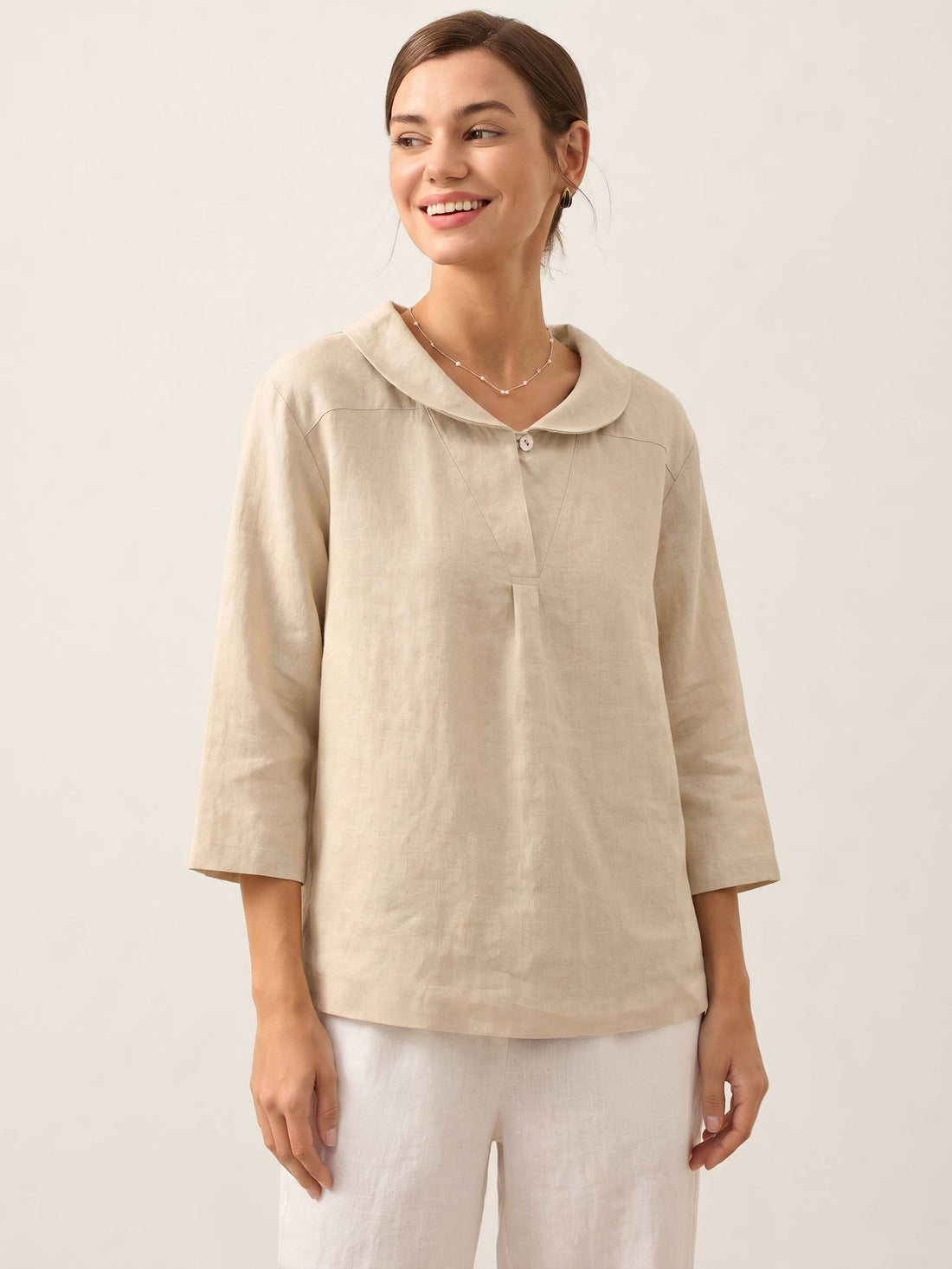 100% Linen V-Neck Three-Quarter Sleeve Blouse