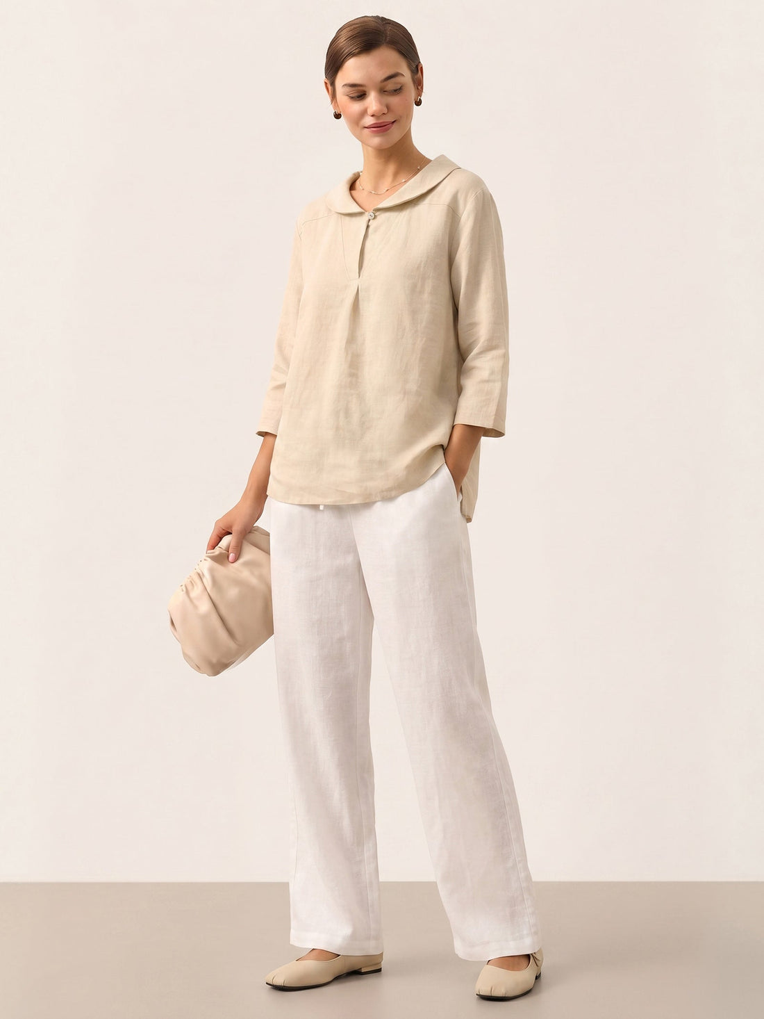 100% Linen V-Neck Three-Quarter Sleeve Blouse