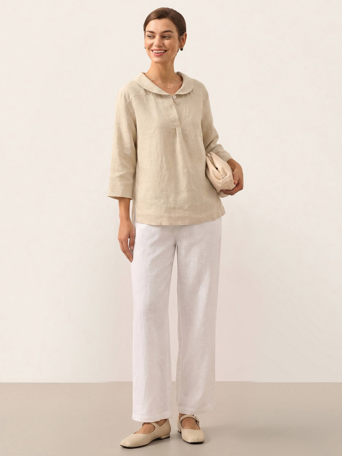 100% Linen V-Neck Three-Quarter Sleeve Blouse
