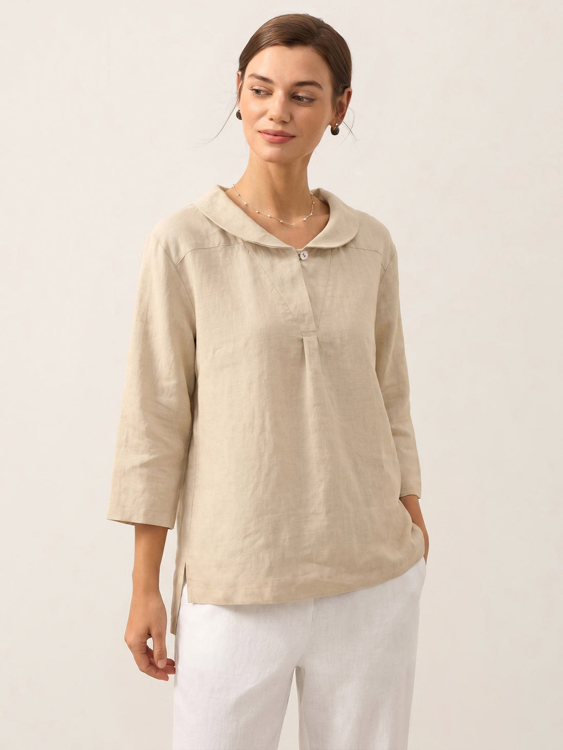 100% Linen V-Neck Three-Quarter Sleeve Blouse