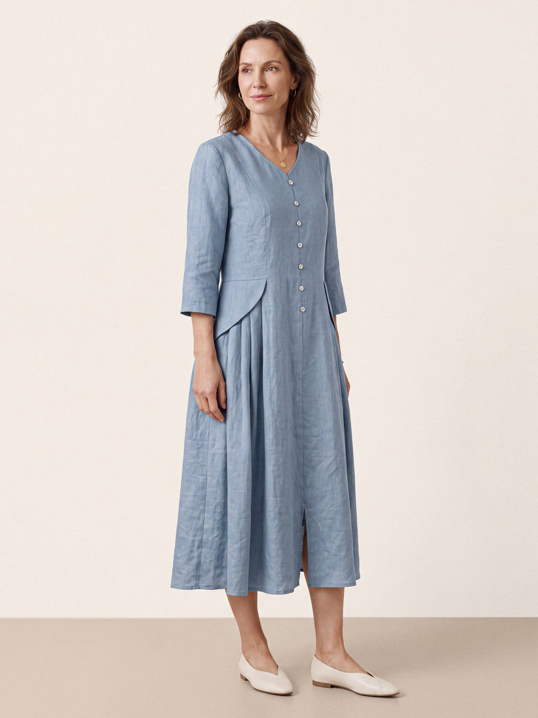 100% Linen Pleated Midi Dress with Hidden Pockets