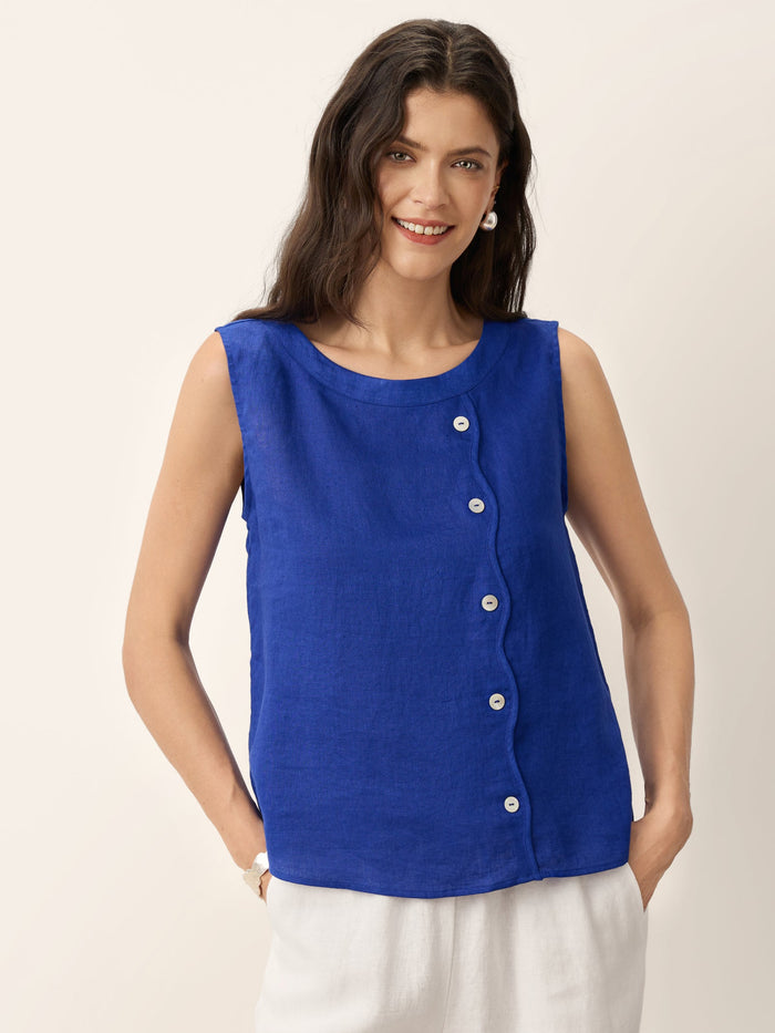 100% Linen Tailored Top with Decorative Buttons
