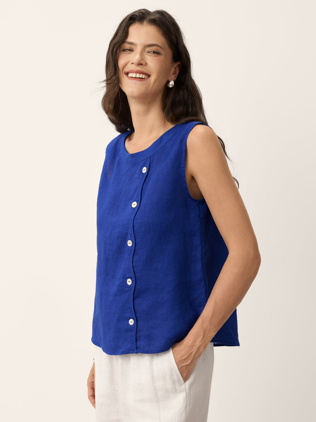 100% Linen Tailored Top with Decorative Buttons