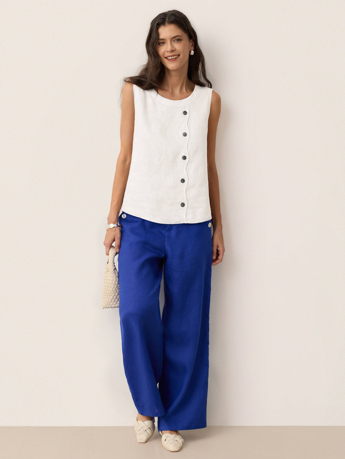 100% Linen Tailored Top with Decorative Buttons