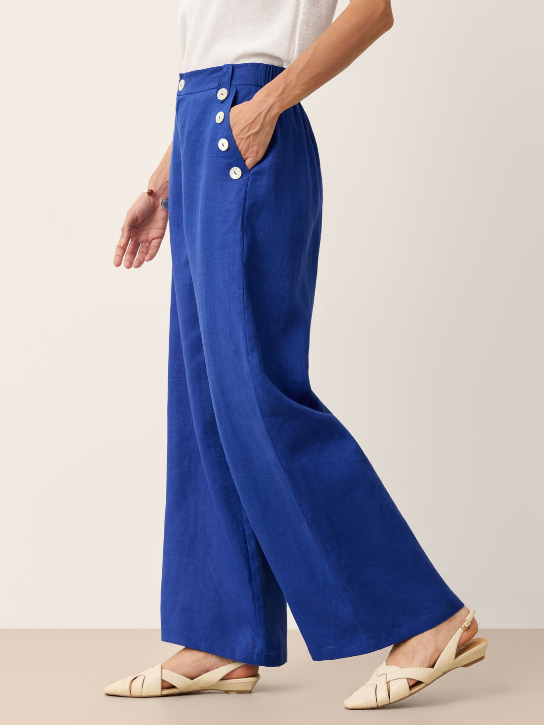 100% Linen Shell-Button Elastic-Back Wide-Leg Pants
