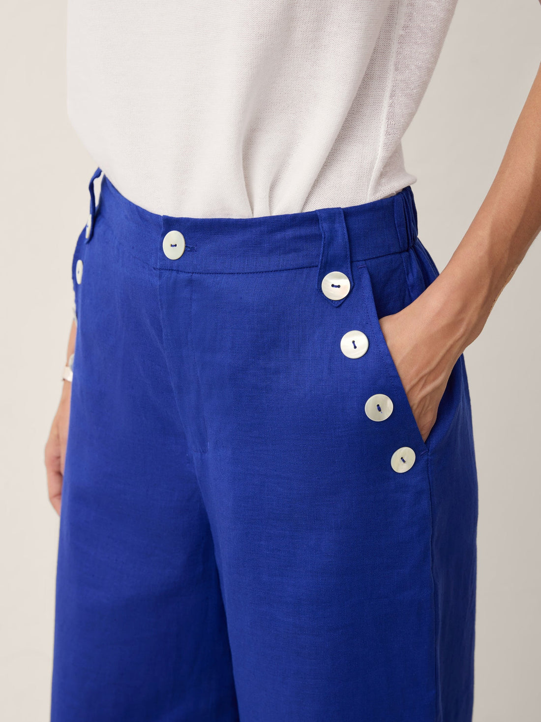 100% Linen Shell-Button Elastic-Back Wide-Leg Pants