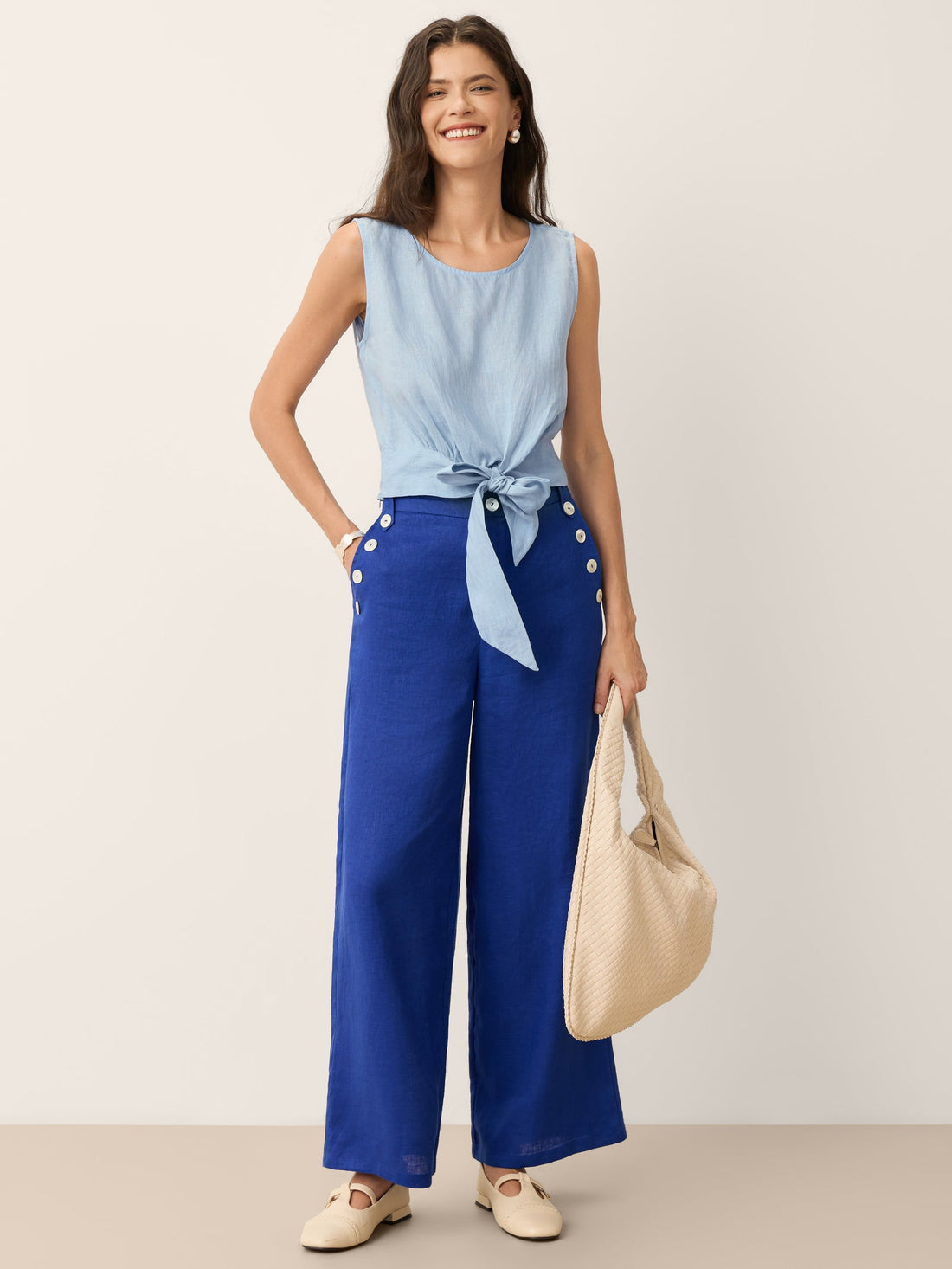 100% Linen Shell-Button Elastic-Back Wide-Leg Pants