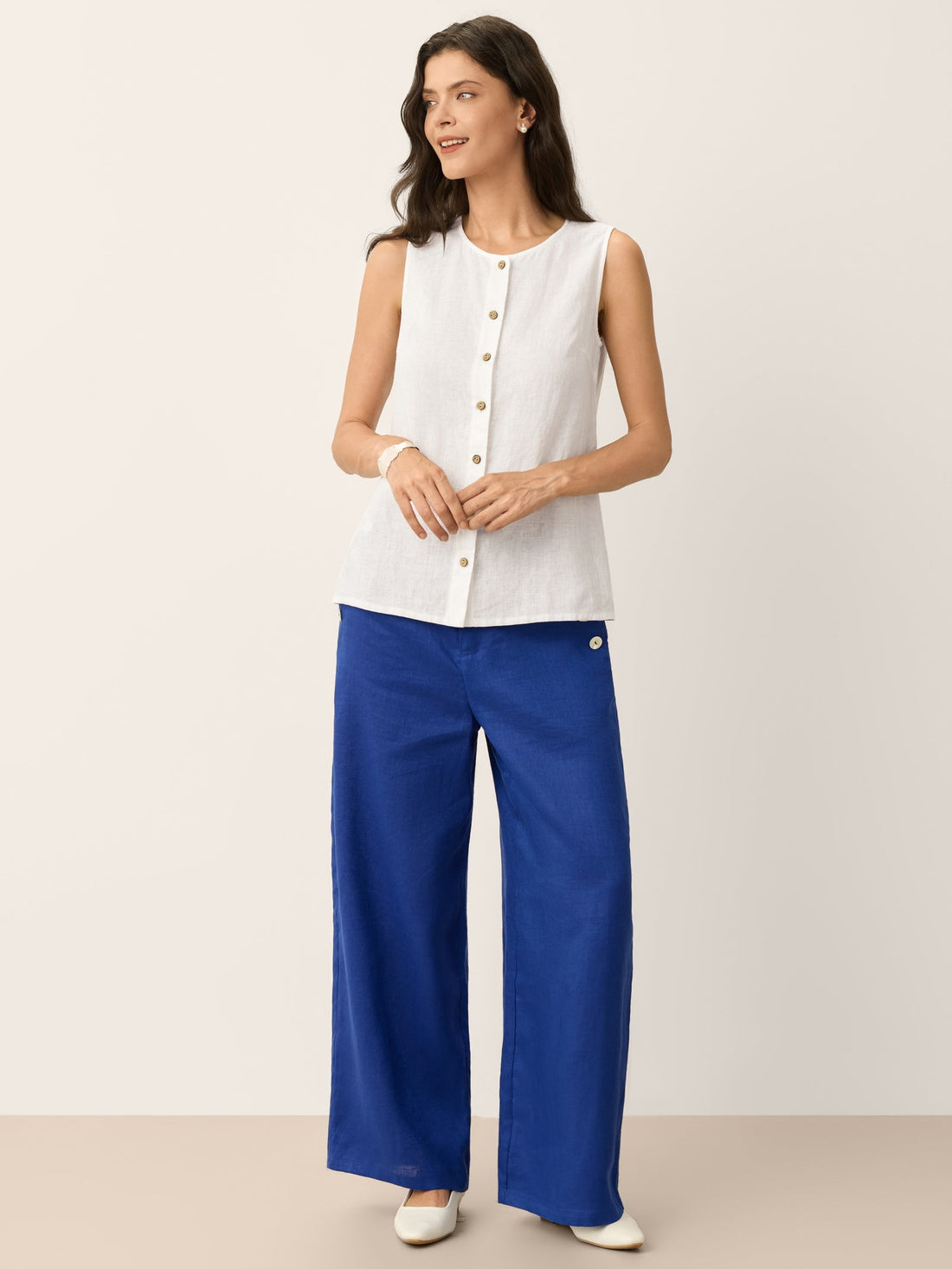 100% Linen Shell-Button Elastic-Back Wide-Leg Pants