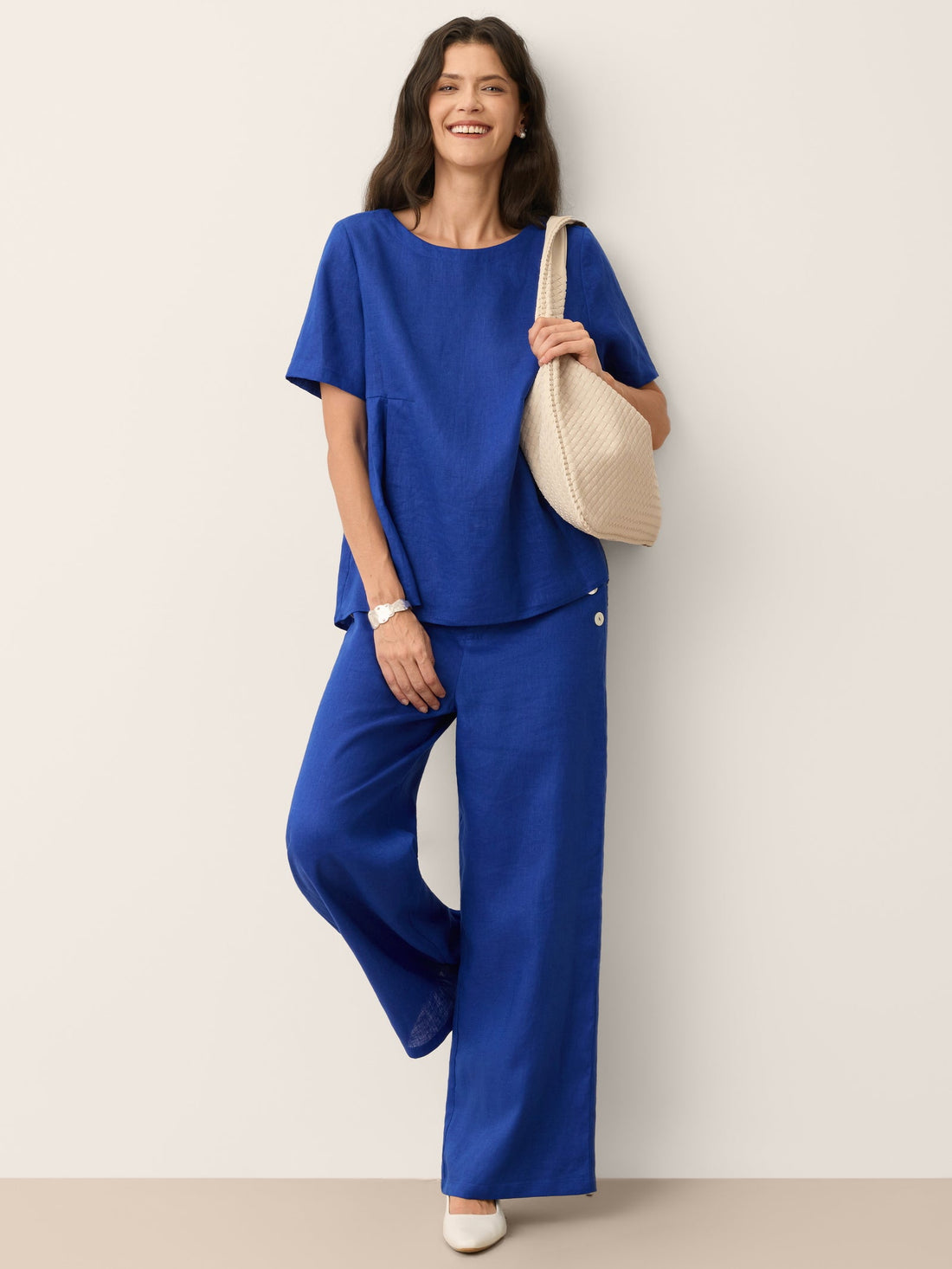 100% Linen Shell-Button Elastic-Back Wide-Leg Pants