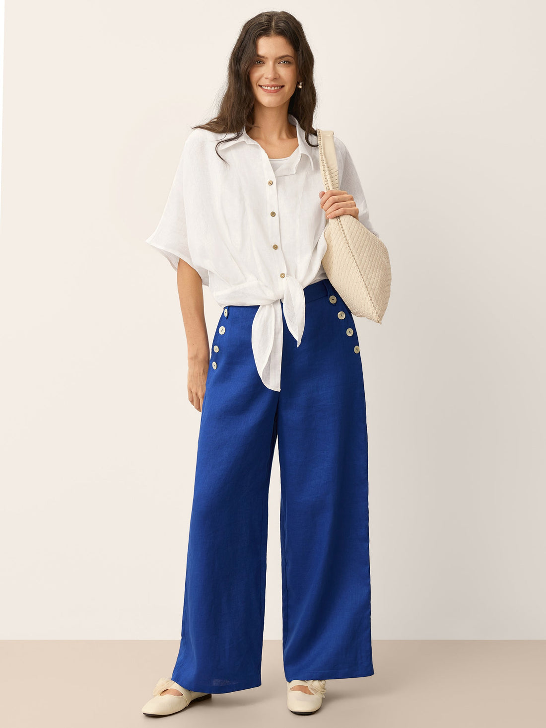 100% Linen Shell-Button Elastic-Back Wide-Leg Pants