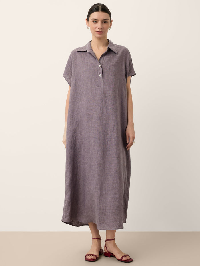 100% Linen Collar Cap Sleeve Maxi Dress
