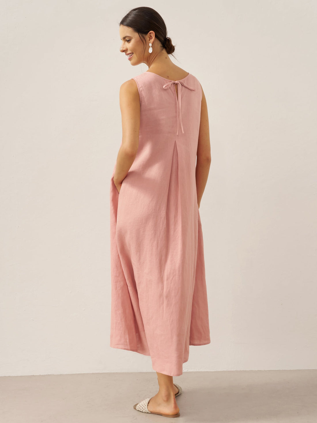 100% Linen Pleated V-Neck Midi Dress