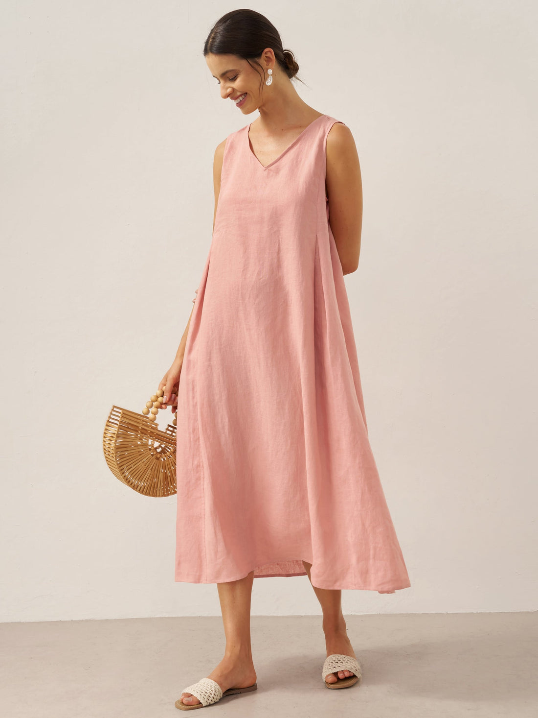 100% Linen Pleated V-Neck Midi Dress