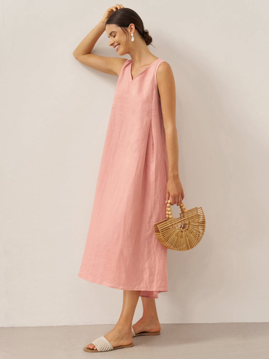 100% Linen Pleated V-Neck Midi Dress