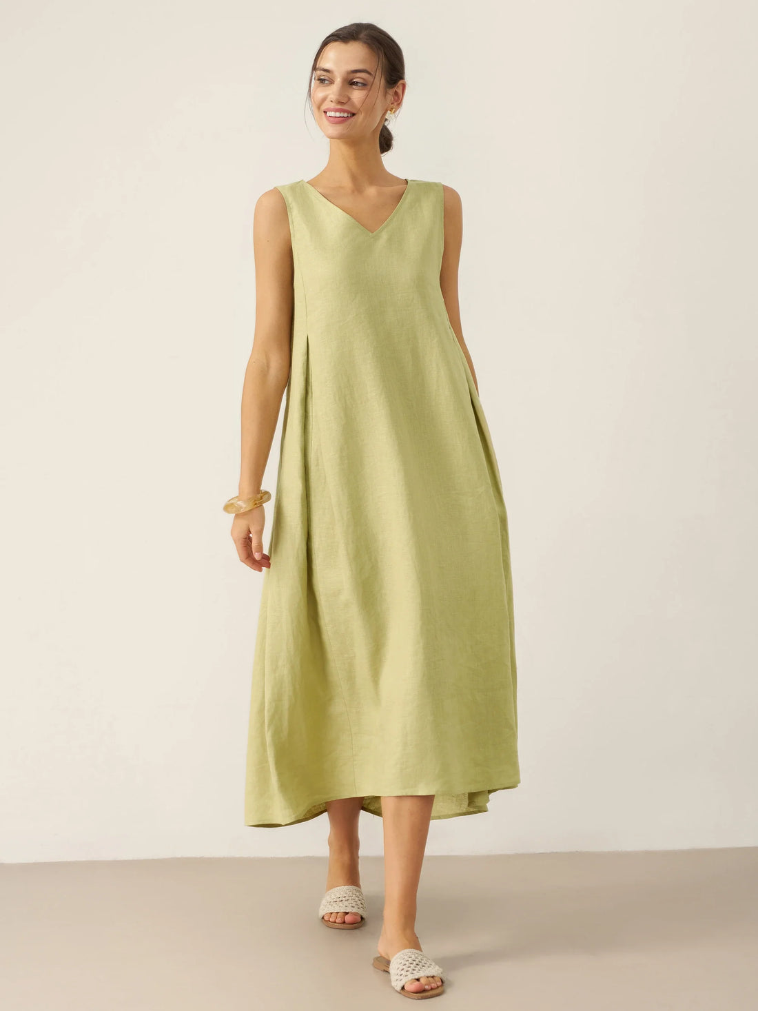 100% Linen Pleated V-Neck Midi Dress