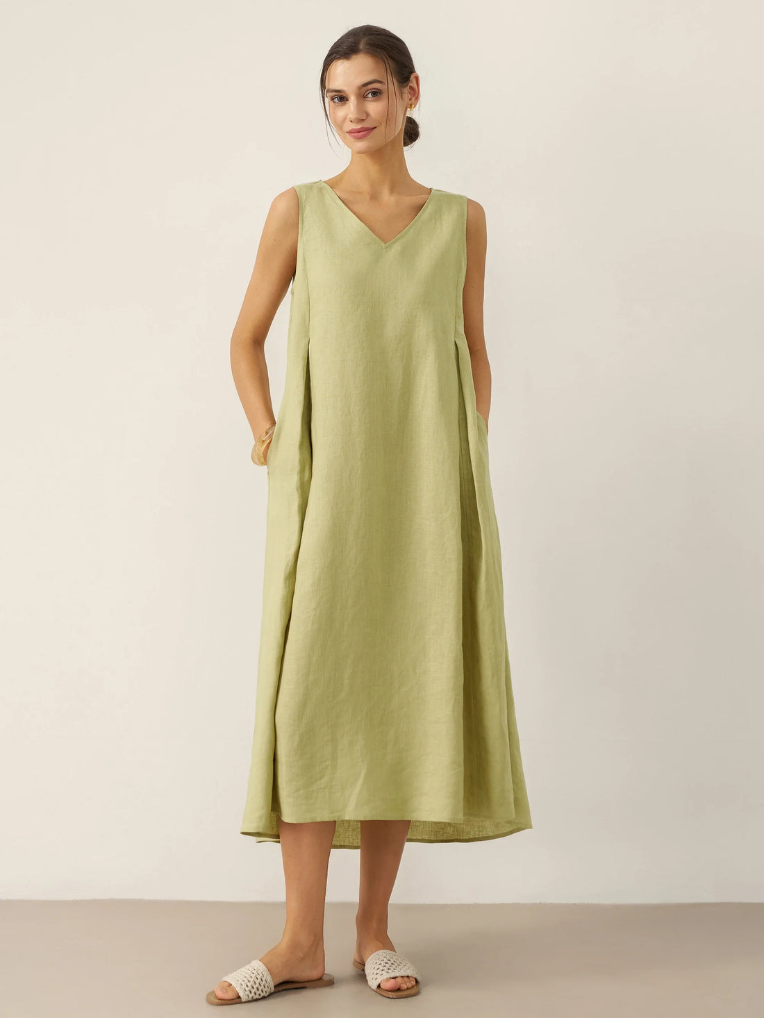100% Linen Pleated V-Neck Midi Dress
