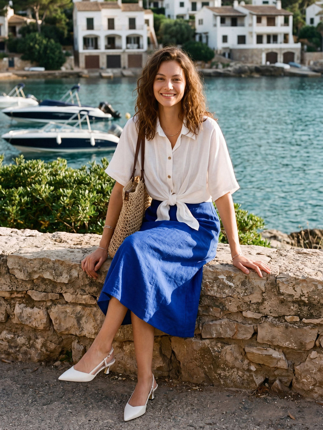 100% Linen V-Neck Midi Dress with Side Pockets