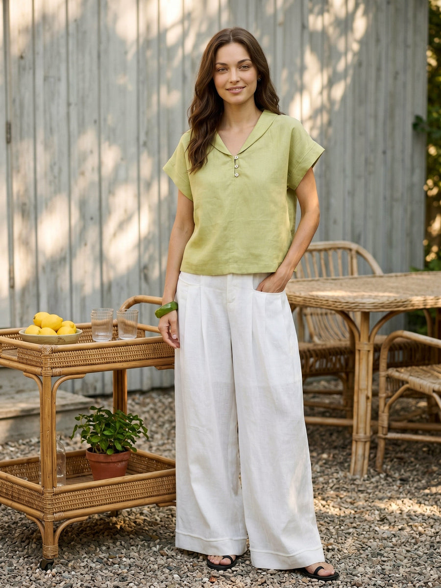 100% Linen Garment-Dyed Short Sleeve Blouse