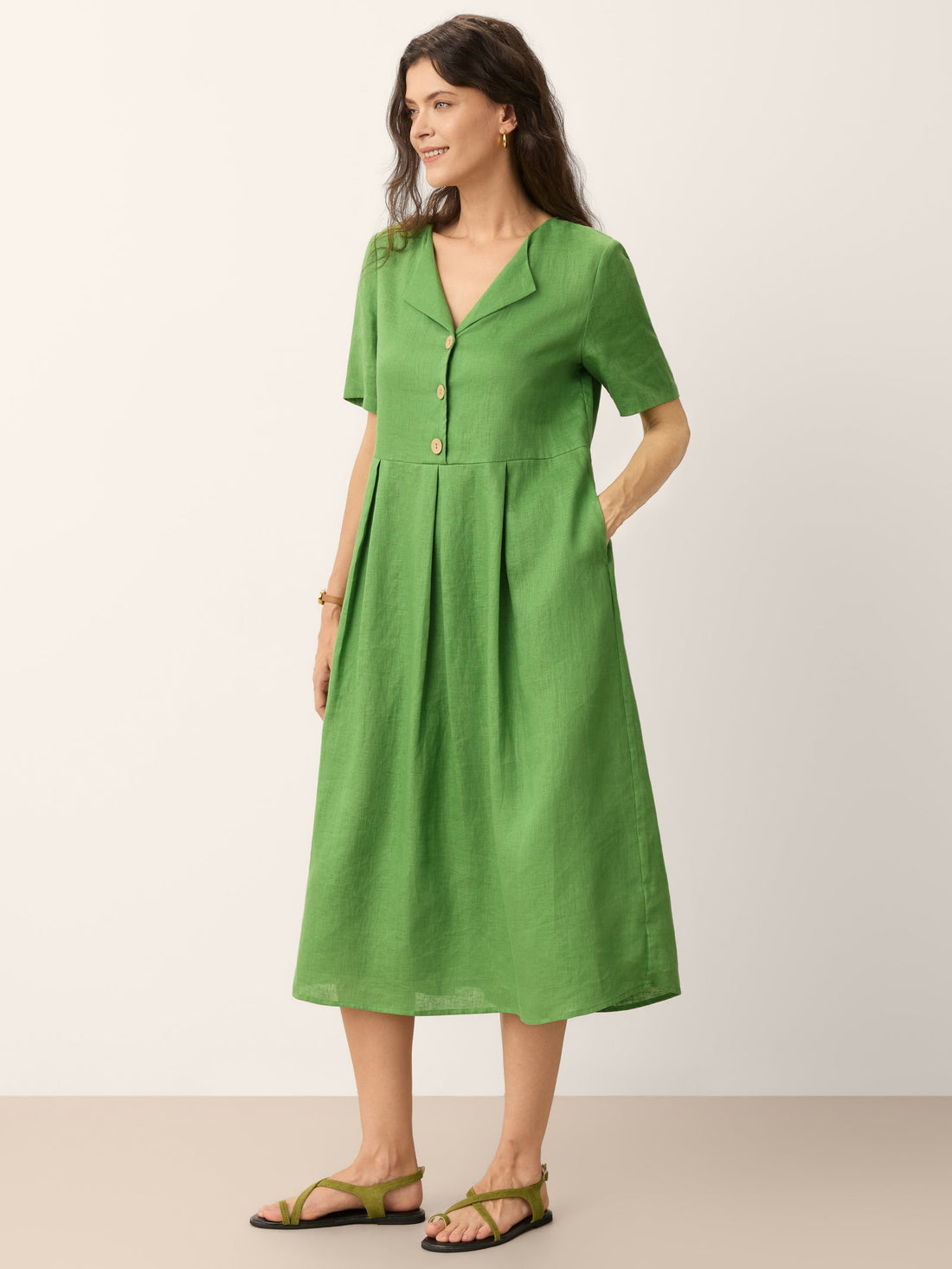100% Linen V-Neck Midi Dress with Decorative Buttons