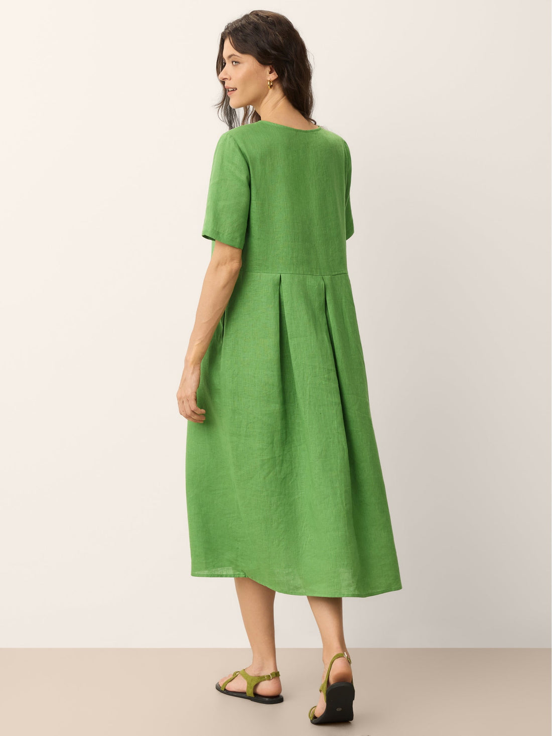 100% Linen V-Neck Midi Dress with Decorative Buttons