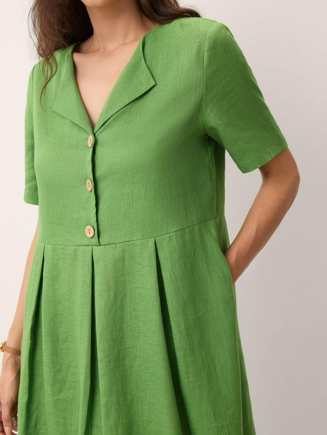 100% Linen V-Neck Midi Dress with Decorative Buttons
