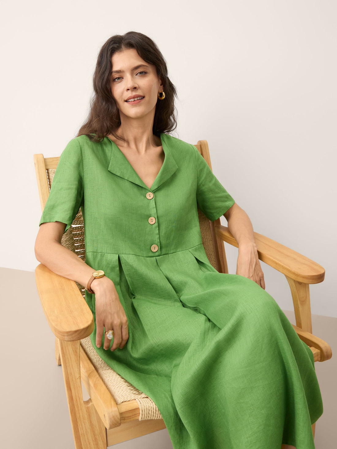 100% Linen V-Neck Midi Dress with Decorative Buttons
