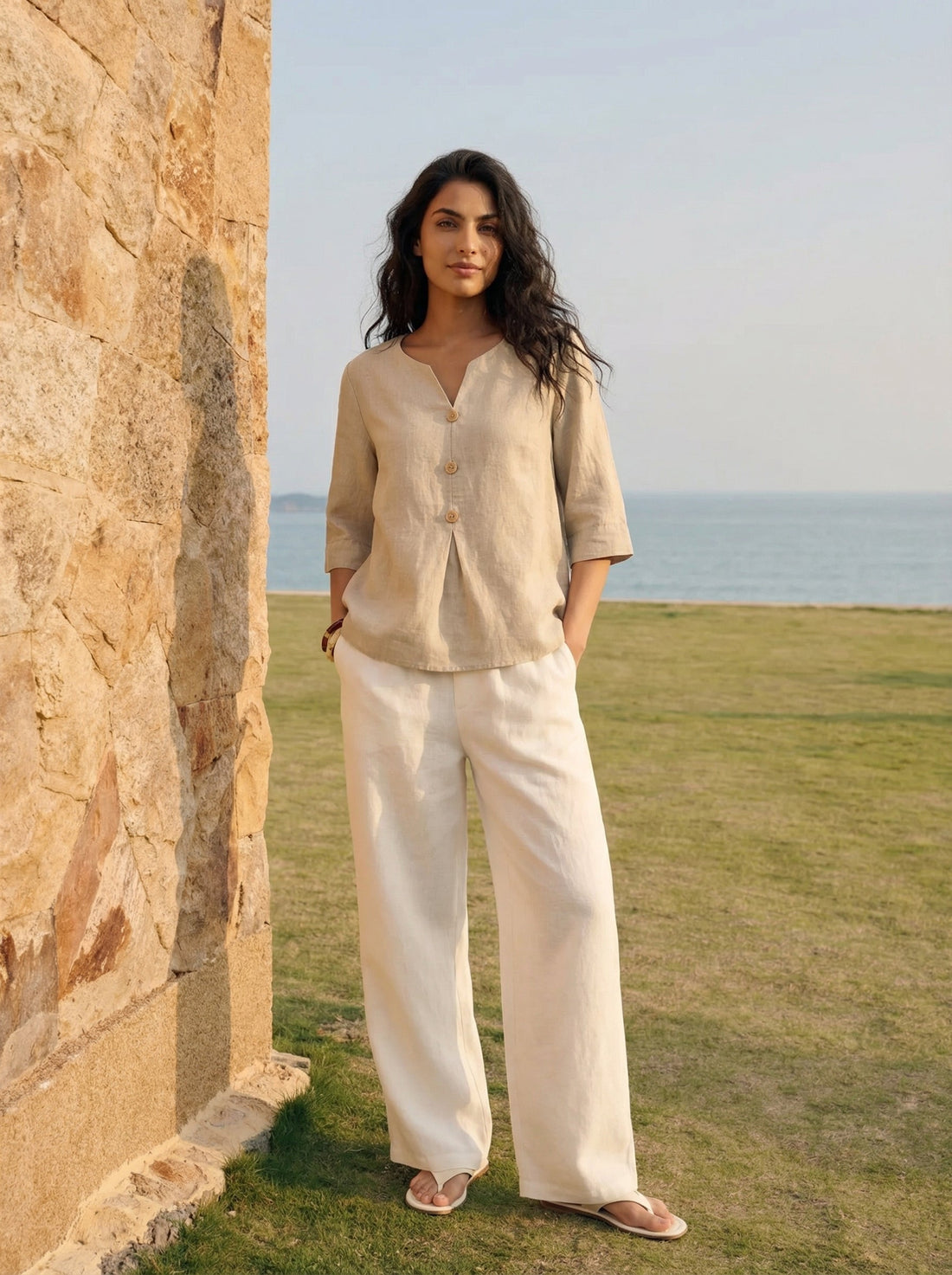 100% Linen Relaxed-Fit Button Detail Blouse