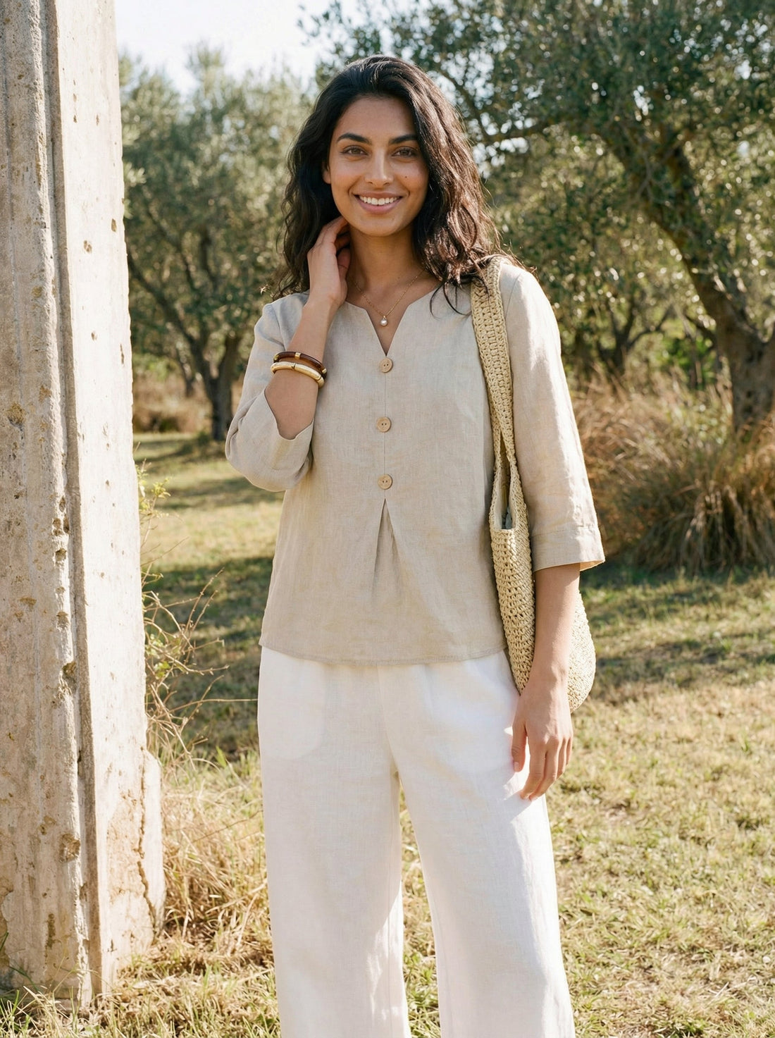 100% Linen Relaxed-Fit Button Detail Blouse