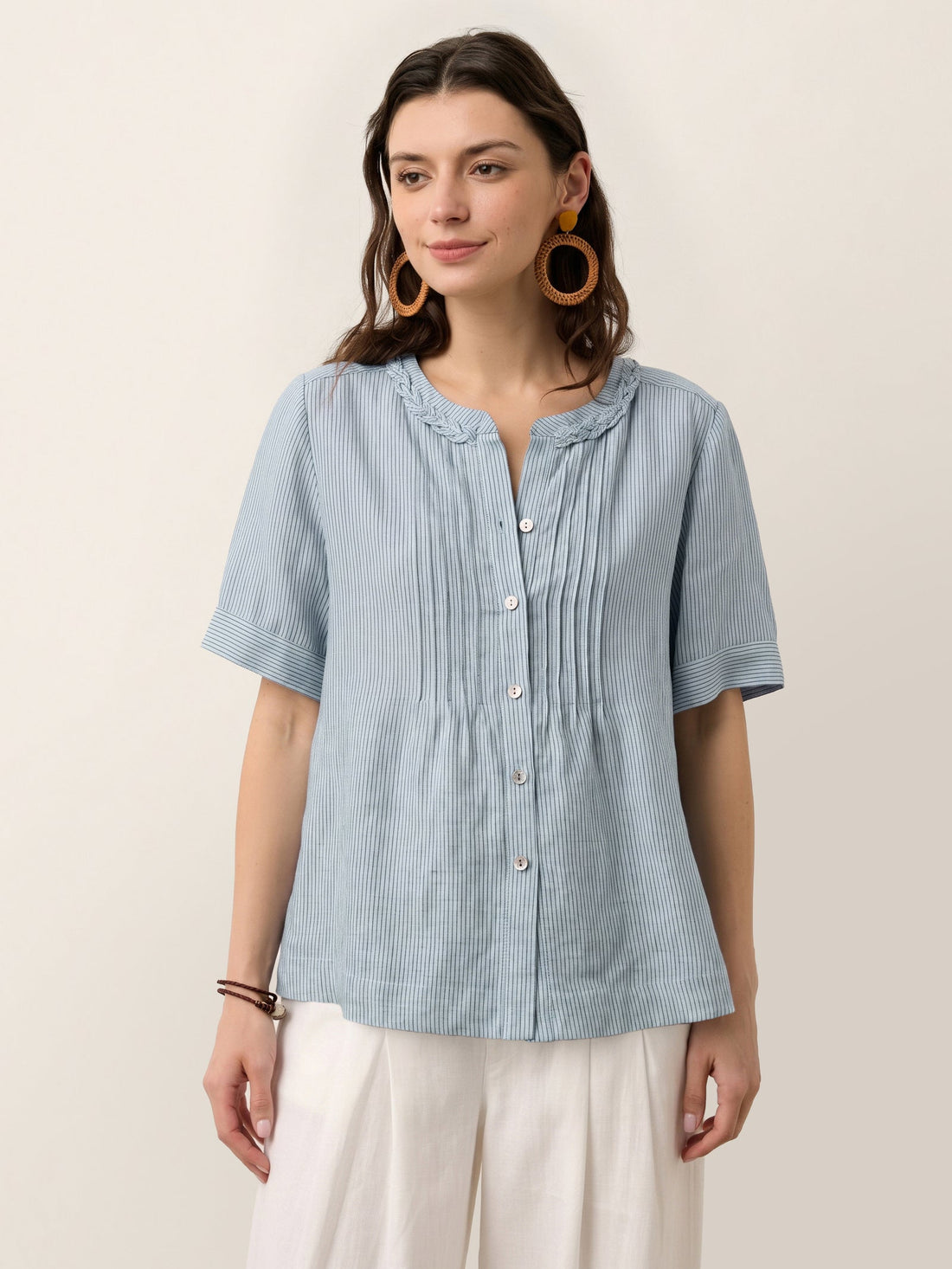 100% Linen Yarn-Dyed Round Neck Button Shirt