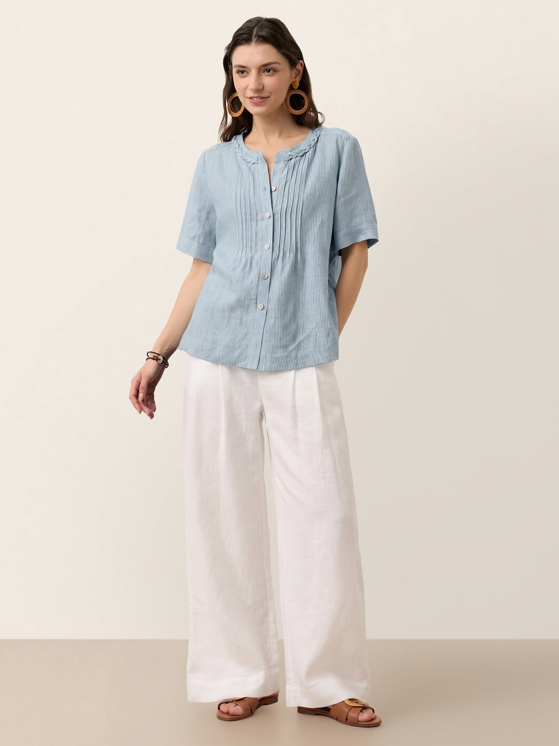 100% Linen Yarn-Dyed Round Neck Button Shirt