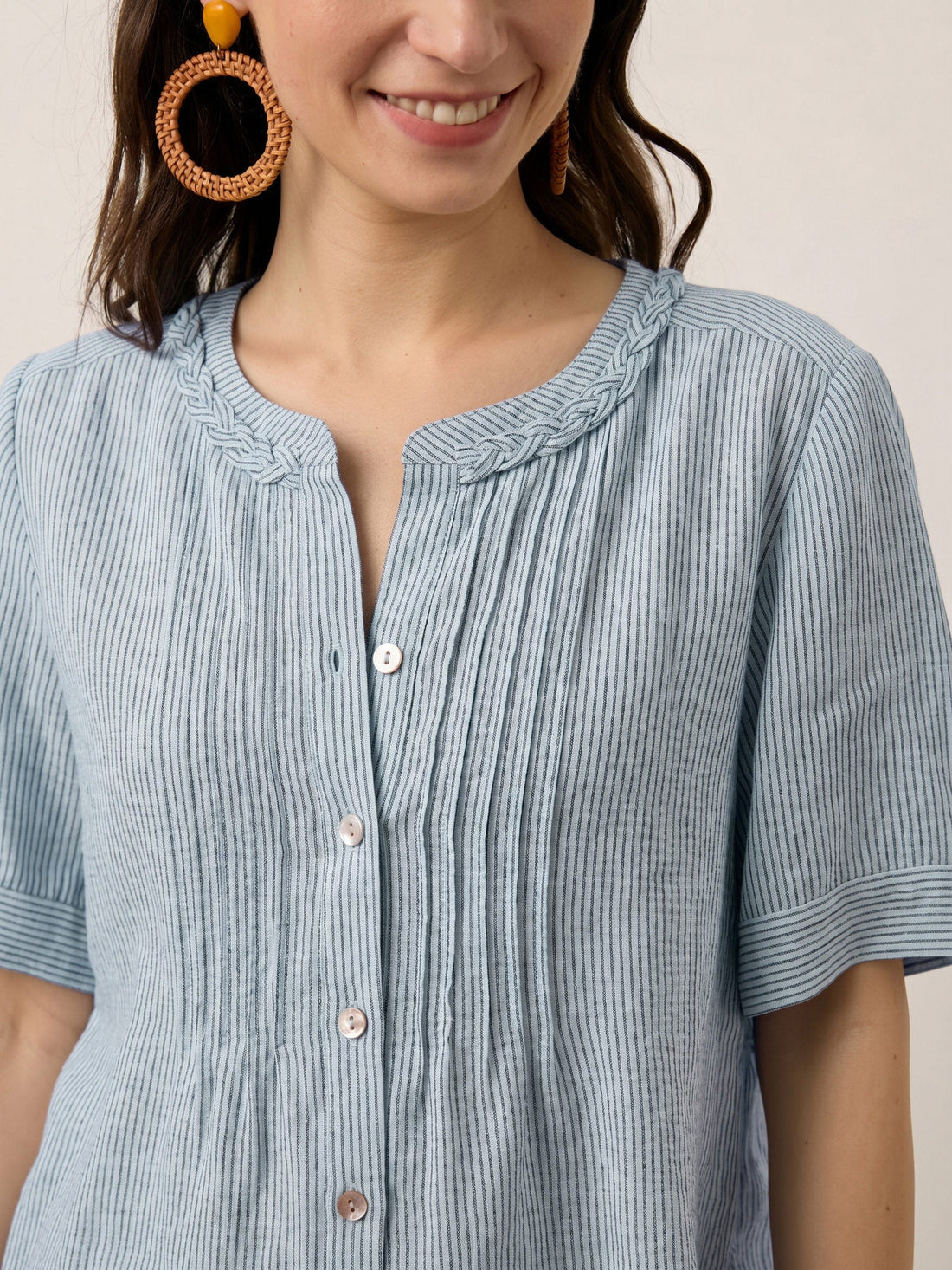 100% Linen Yarn-Dyed Round Neck Button Shirt