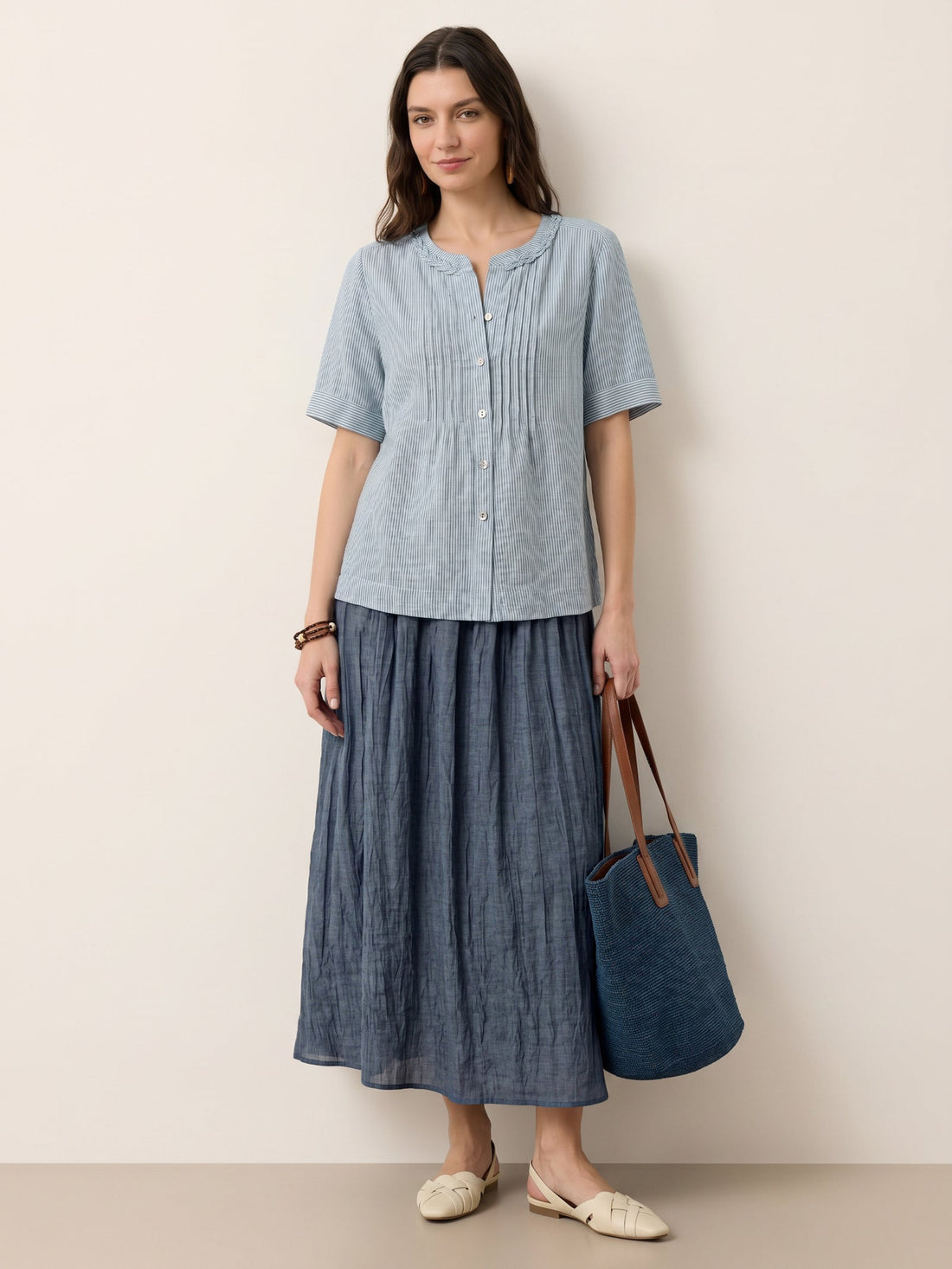 100% Linen Yarn-Dyed Round Neck Button Shirt