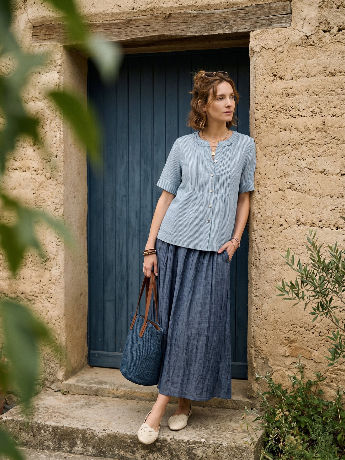 100% Linen Yarn-Dyed Round Neck Button Shirt