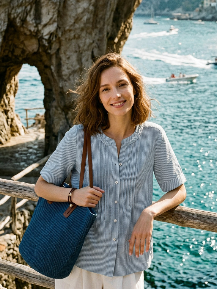 100% Linen Yarn-Dyed Round Neck Button Shirt