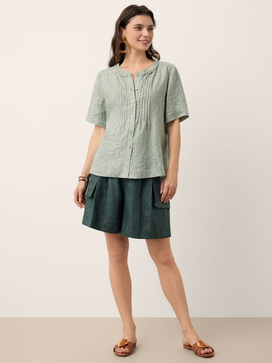 100% Linen Yarn-Dyed Round Neck Button Shirt