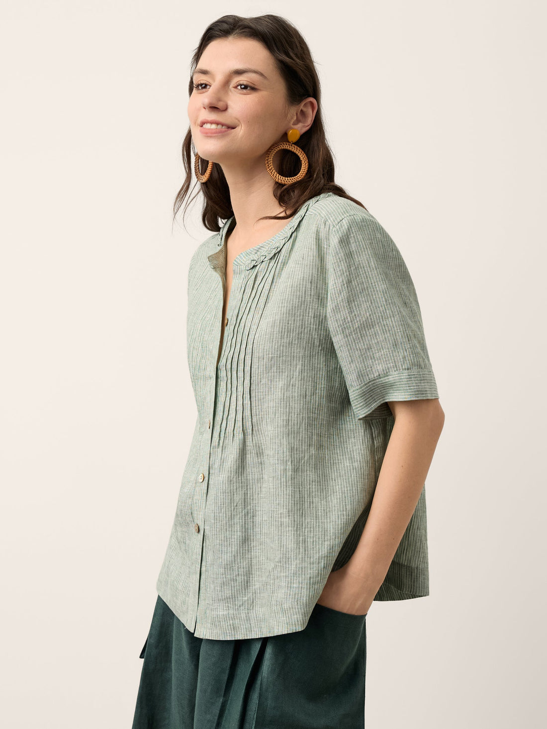 100% Linen Yarn-Dyed Round Neck Button Shirt